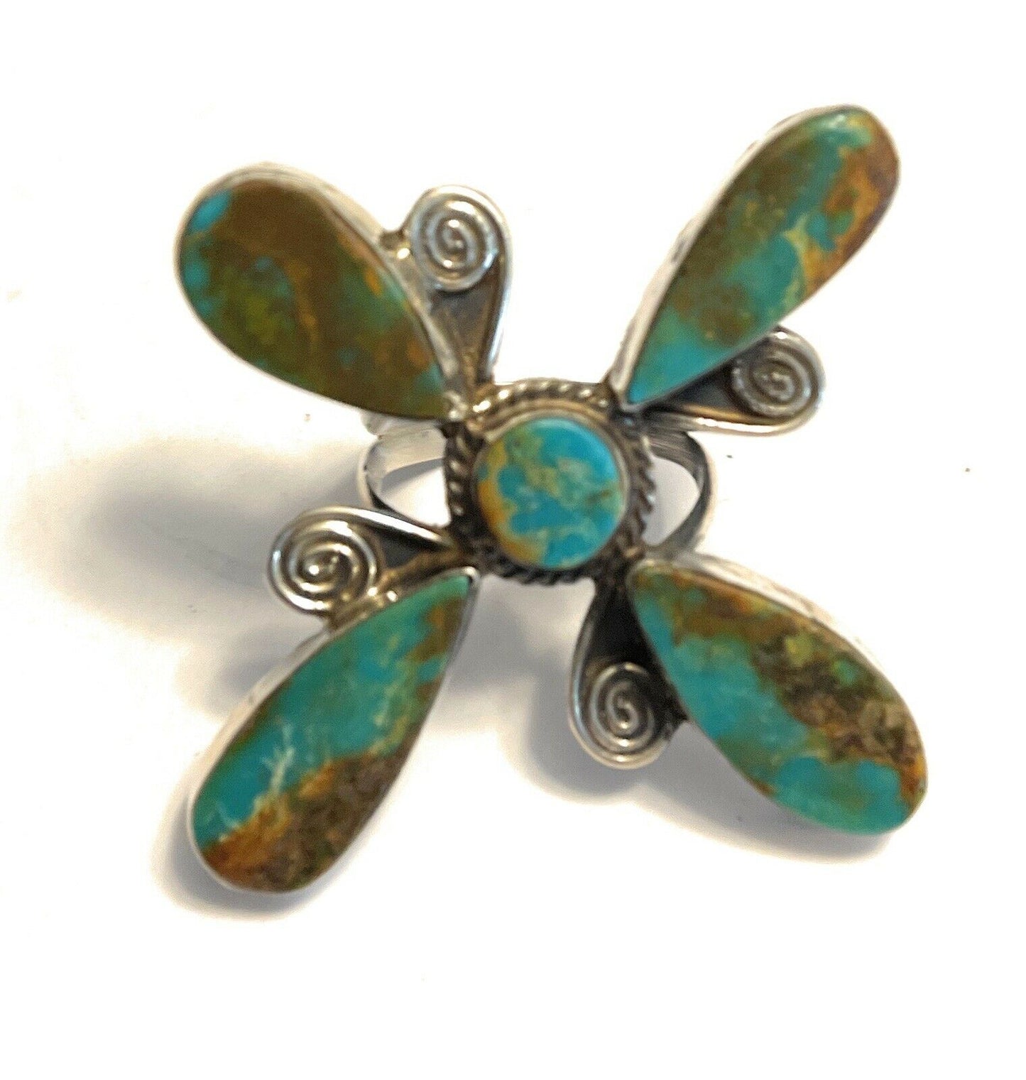 Sterling Silver & Royston Turquoise Scroll Petal Ring Size 8. Signed