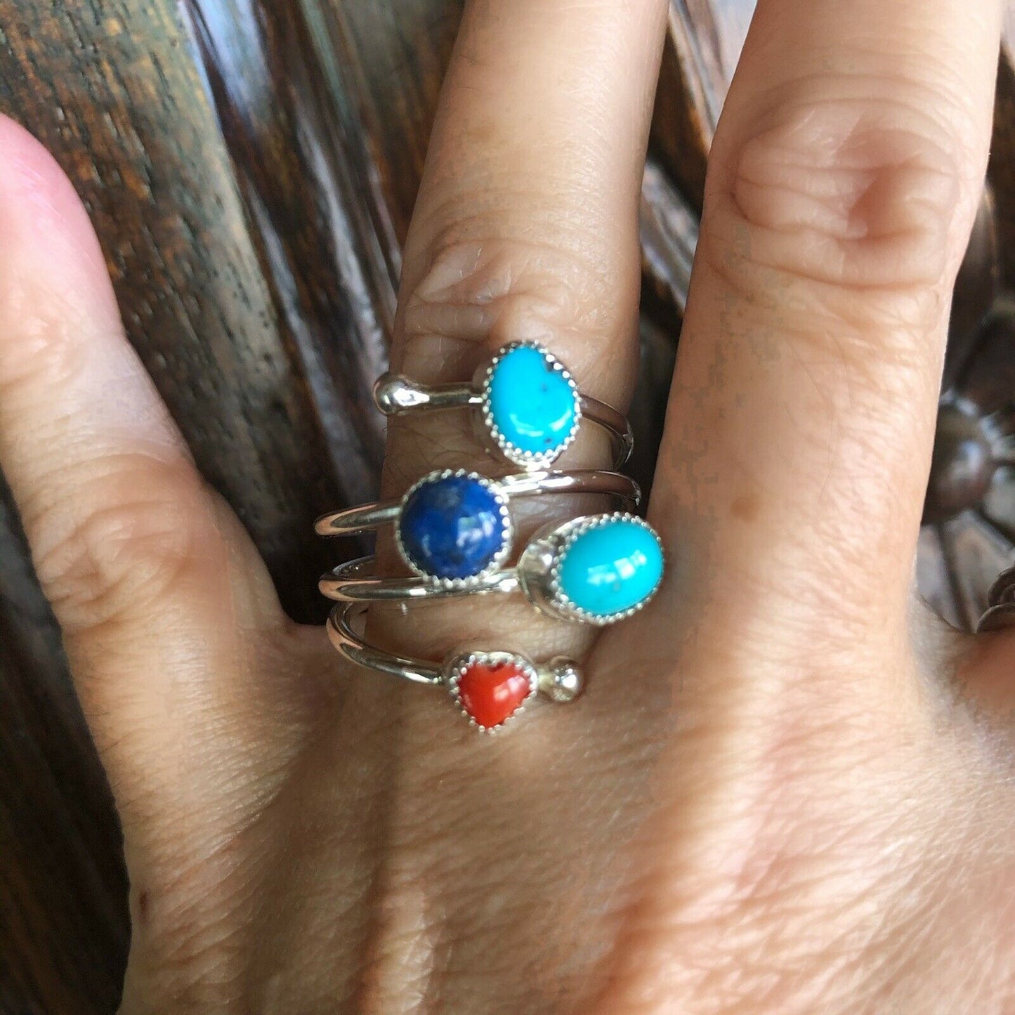 Navajo Turquoise, Lapis and Coral Sterling Silver ring