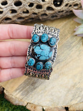 Load image into Gallery viewer, Vintage Navajo Turquoise &amp; Sterling Silver Hand Stamped Cuff Bracelet