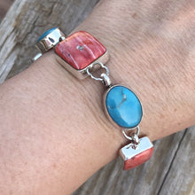 Load image into Gallery viewer, Navajo Turquoise &amp; Orange Spiny Oyster Sterling Silver Link Bracelet Signed