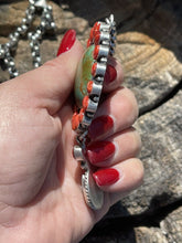 Load image into Gallery viewer, Navajo Tibetan Turquoise &amp; Spiny Sterling Drop Cluster Necklace Signed