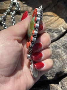 Navajo Tibetan Turquoise & Spiny Sterling Drop Cluster Necklace Signed
