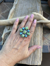 Load image into Gallery viewer, Navajo Sterling Sonoran Gold And Golden Hills Turquoise Cluster Ring Size 7