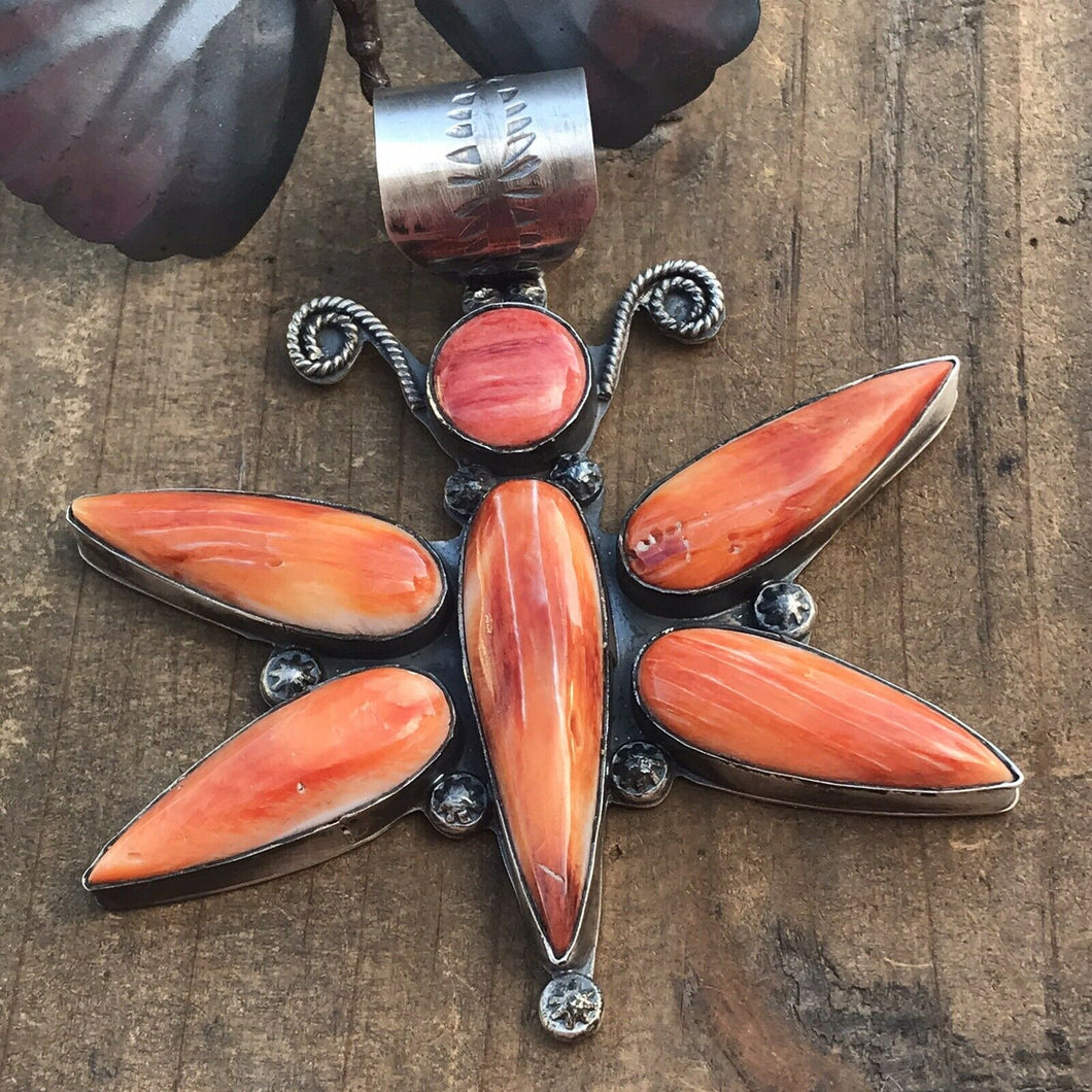 Navajo Sterling Silver Orange  Spiny Oyster Dragonfly Pendant Signed