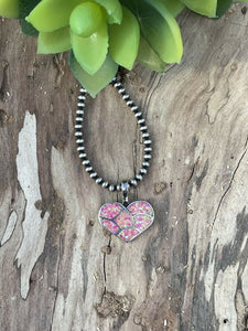 Zuni Iridescent Pink Opal & Sterling Silver Heart Pendant