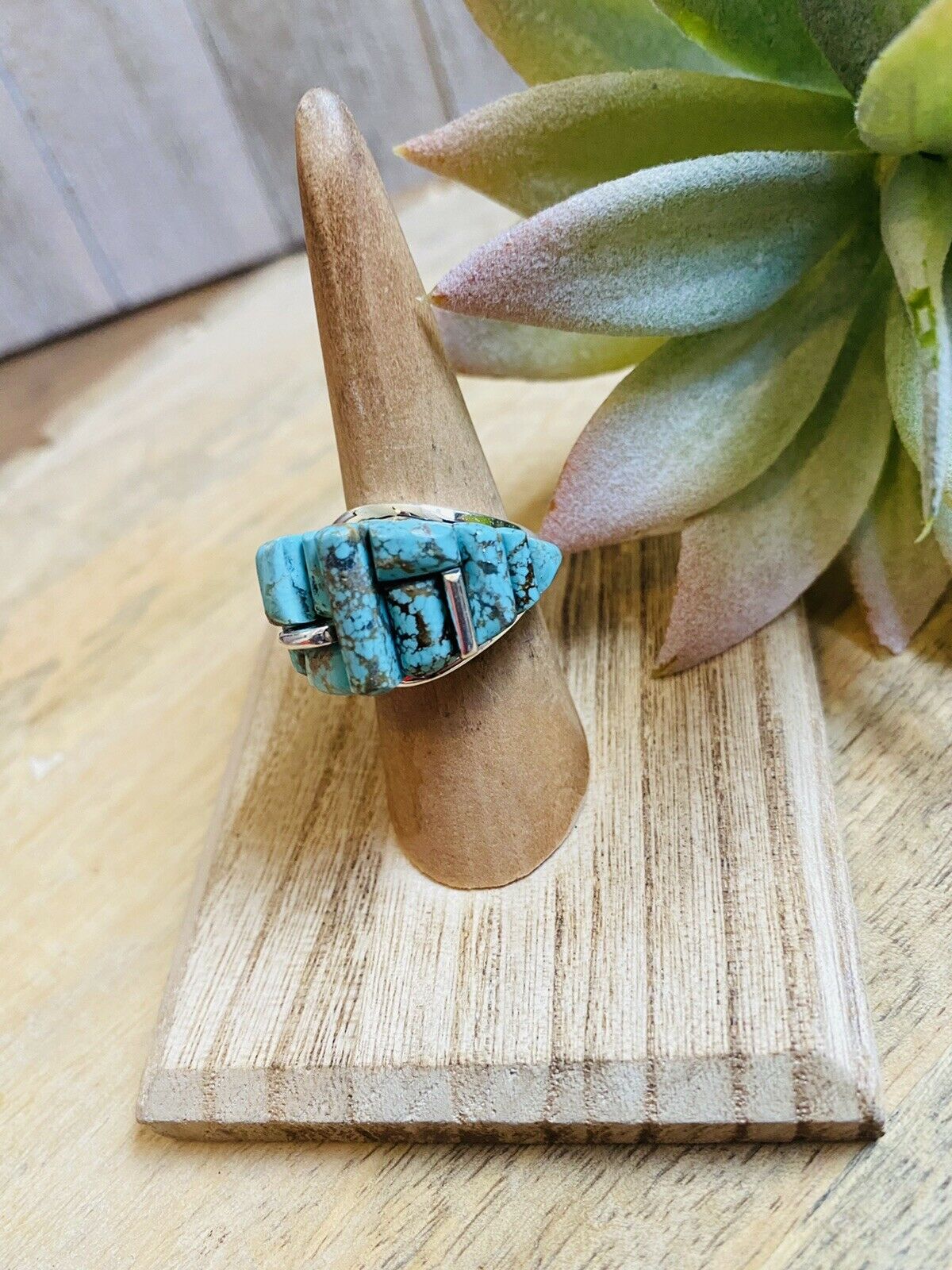 Navajo Turquoise & Sterling Silver High Rise Inlay Ring