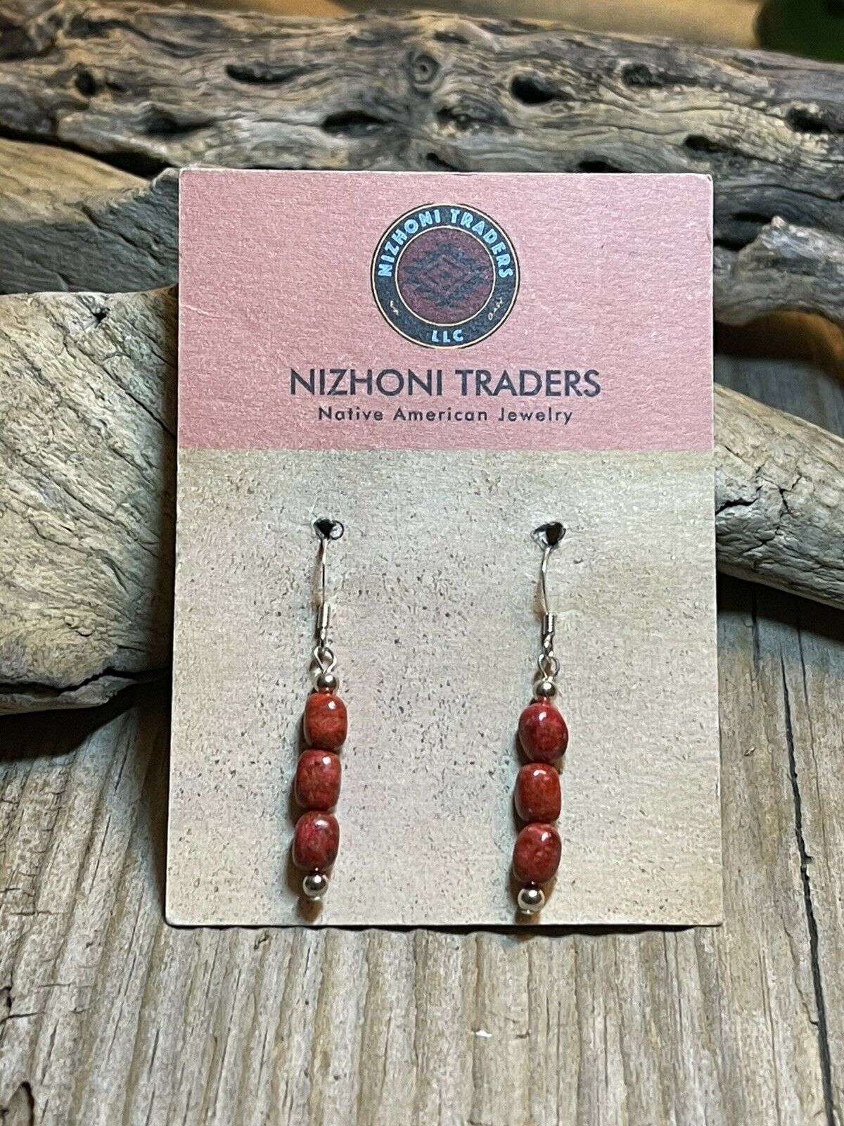 Navajo Sterling Silver 3 Stone Apple Coral Dangle Earrings