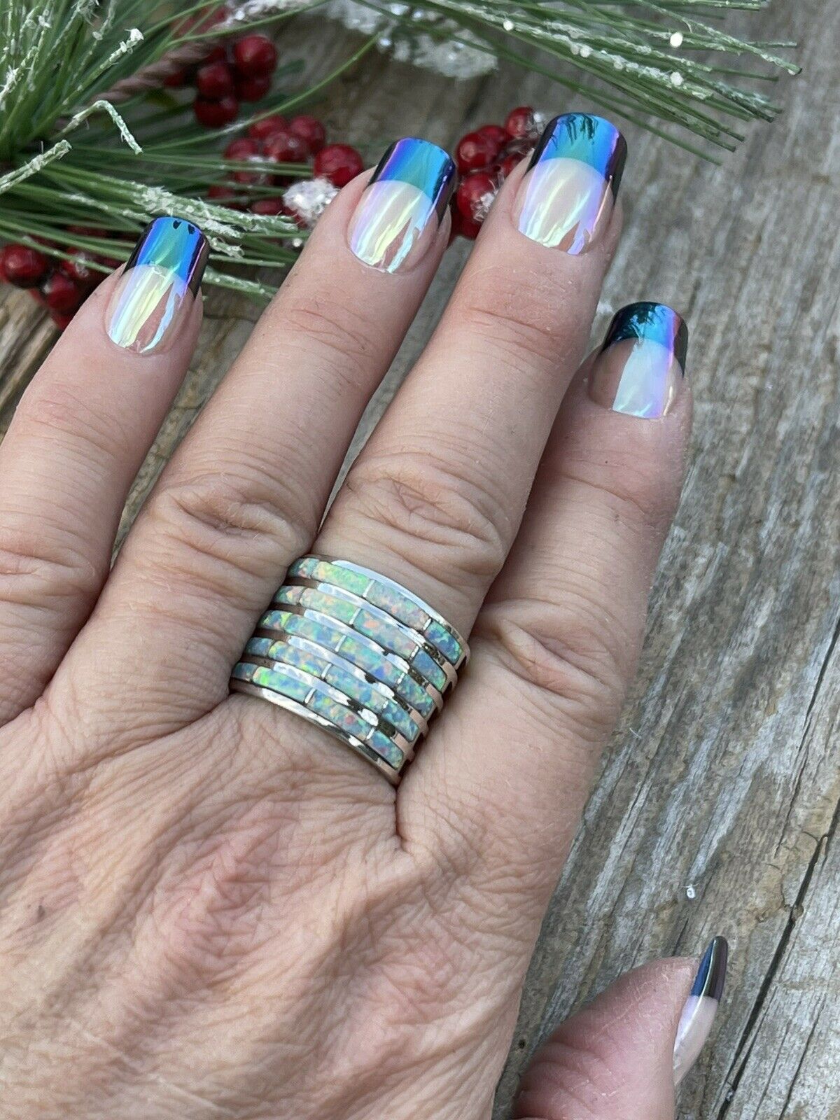 Navajo Sterling Silver Iridescent Opal Stacked Ring