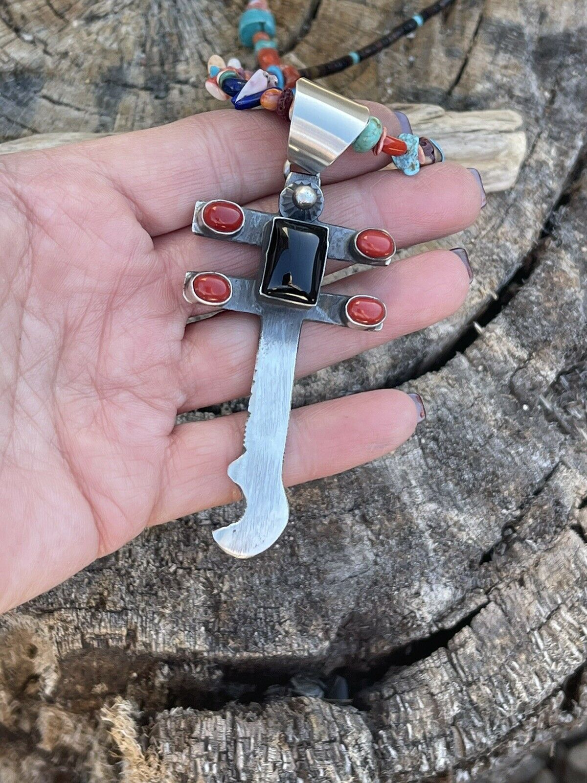 Navajo Sterling Silver Black Onyx and Coral Dragonfly Pendant By Chimney Butte