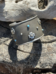 Navajo Sterling Silver Cross Bracelet Cuff With Turquoise Accent Stones Signed