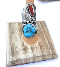 Load image into Gallery viewer, Navajo Turquoise, Coral &amp; Sterling Silver Ring Size 5