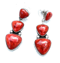 Load image into Gallery viewer, Beautiful Navajo Sterling Silver Apple Coral Triple Triangle Dangle Earrings