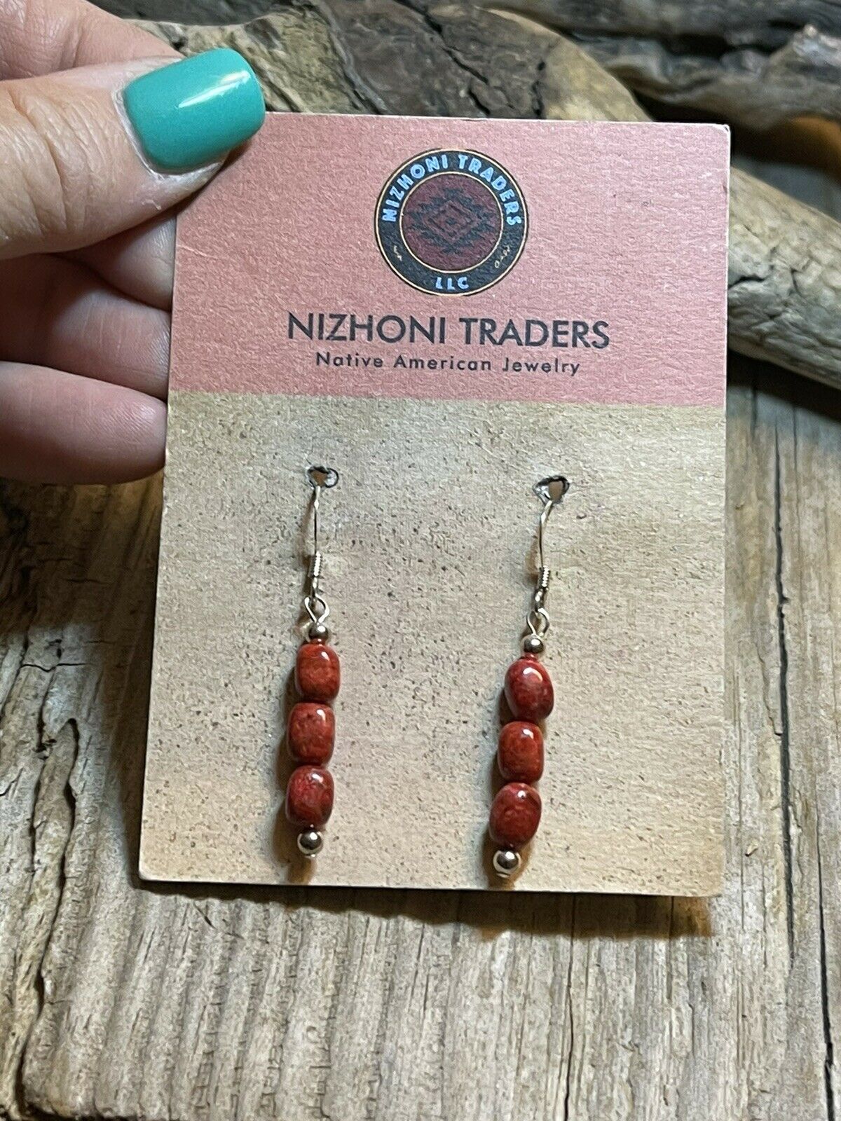 Navajo Sterling Silver 3 Stone Apple Coral Dangle Earrings