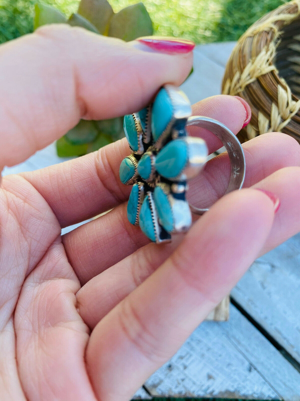 Navajo Turquoise & Sterling Silver Cluster Ring Size 9