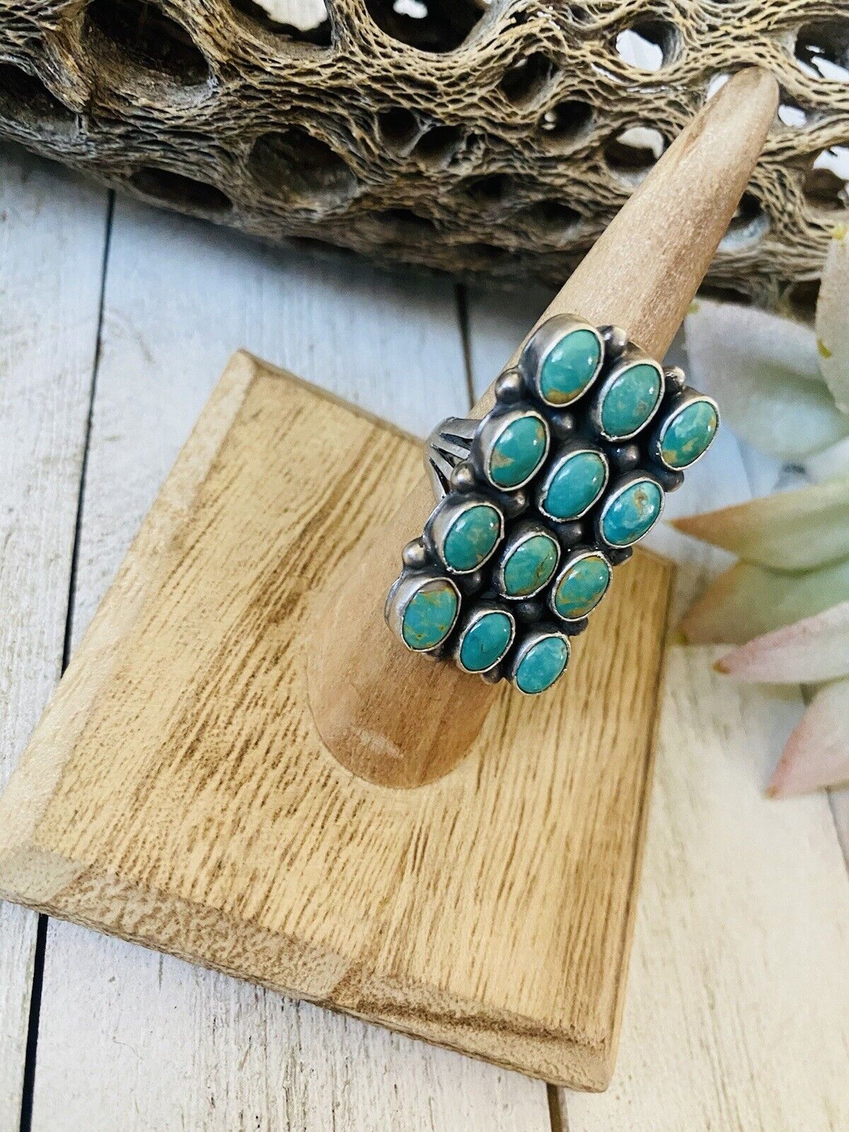 Navajo Turquoise & Sterling Silver Cluster Ring Size 5.5 Signed