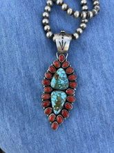 Load image into Gallery viewer, Navajo Sterling 2 Stone Kingman Web Turquoise &amp; Red Coral Taos Pendant