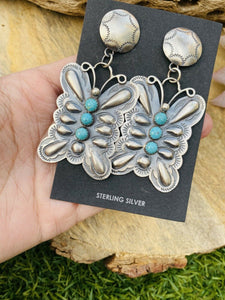 Navajo Turquoise & Sterling Silver Butterfly Dangle Earrings By Tim Yazzie