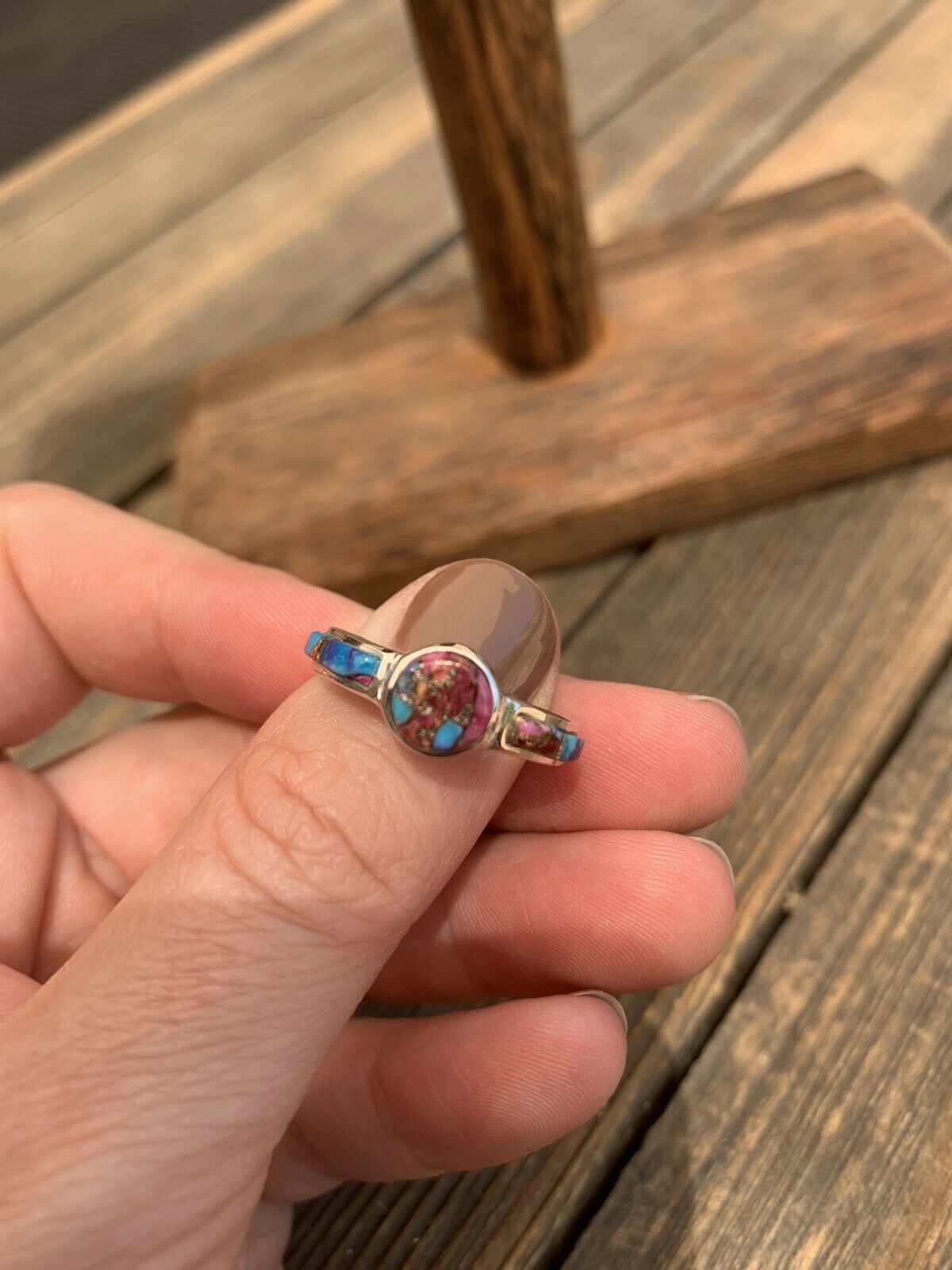 Navajo Pink Dream Mojave & Sterling Silver Round Ring