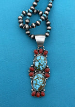 Load image into Gallery viewer, Navajo Sterling Kingman Web Turquoise &amp; Red Coral Taos Pendant Bea Tom
