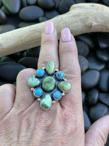 Navajo Sterling Sonoran Gold And Golden Hills Turquoise Cluster Ring Size 8.5