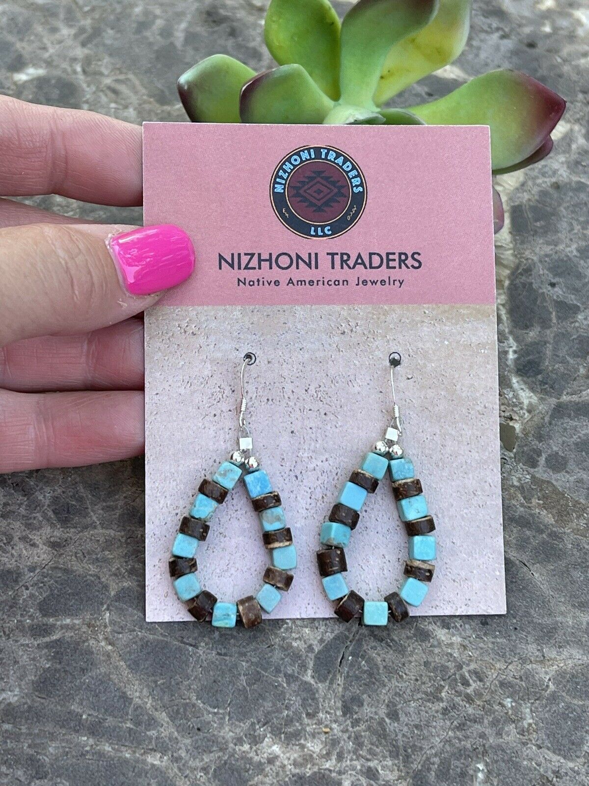 Navajo Turquoise & Jasper Sterling Silver Beaded Dangle Hoop Earrings
