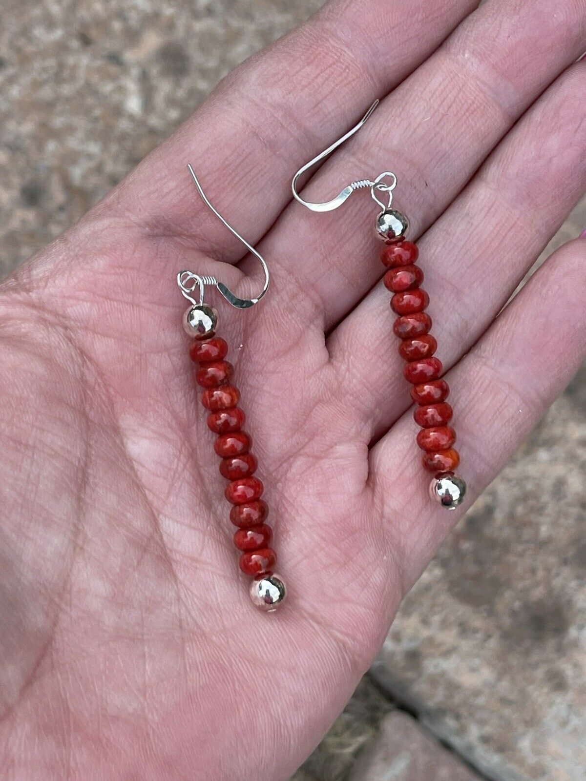 Navajo Sterling Silver Apple Coral Beaded Dangle Earrings