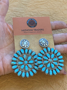 Navajo Sleeping Beauty Cluster Turquoise Sterling Silver Dangle Earrings