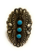Load image into Gallery viewer, Navajo 3 Stone Turquoise &amp; Sterling Silver Concho Ring Adjustable Signed L.Tahe