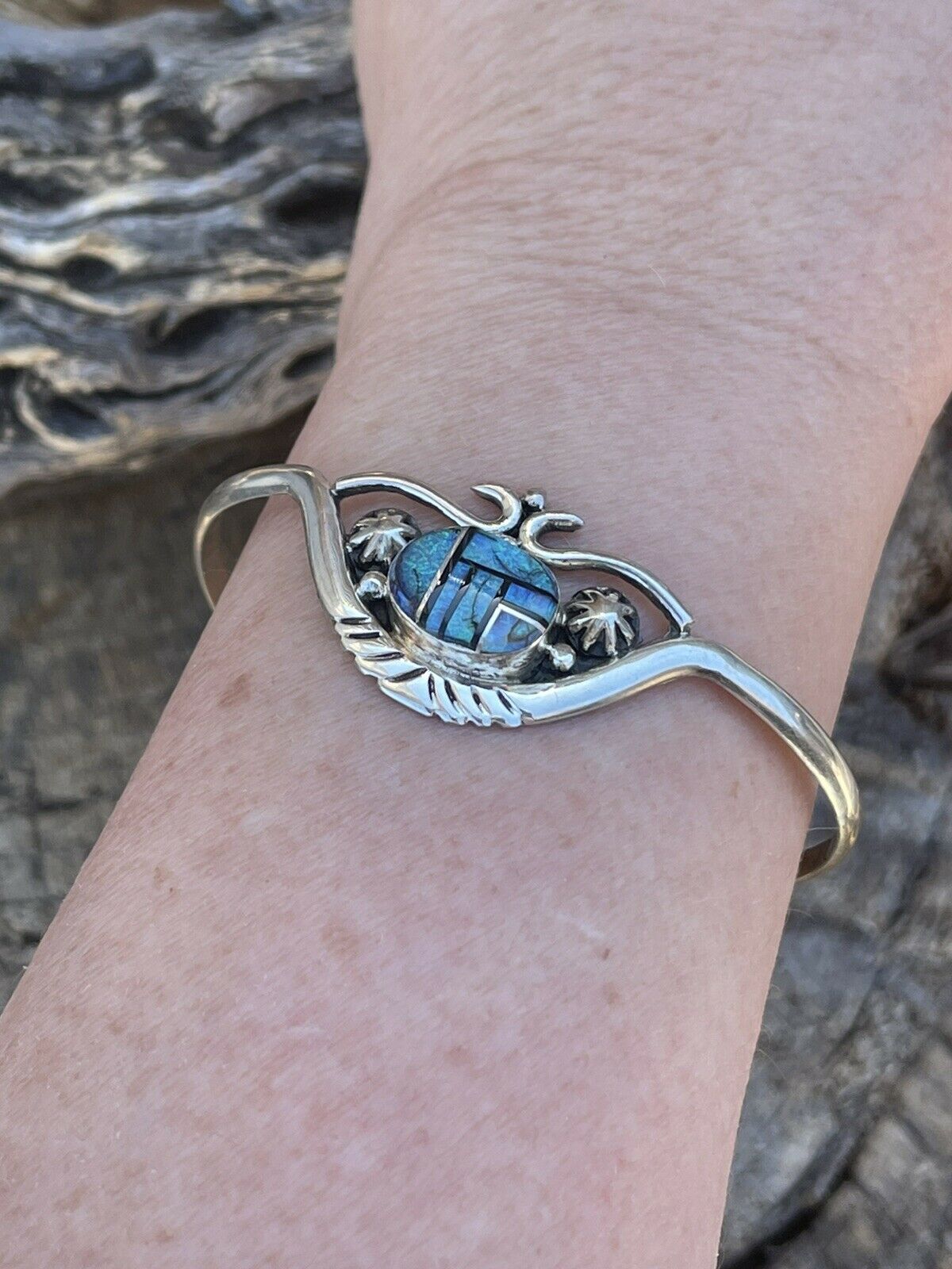 Navajo Blue Opal & Onyx Inlay Sterling Silver Cuff Bracelet