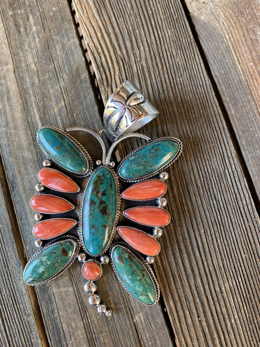 Navajo Multi Stone Butterfly & Sterling Silver Pendant Signed