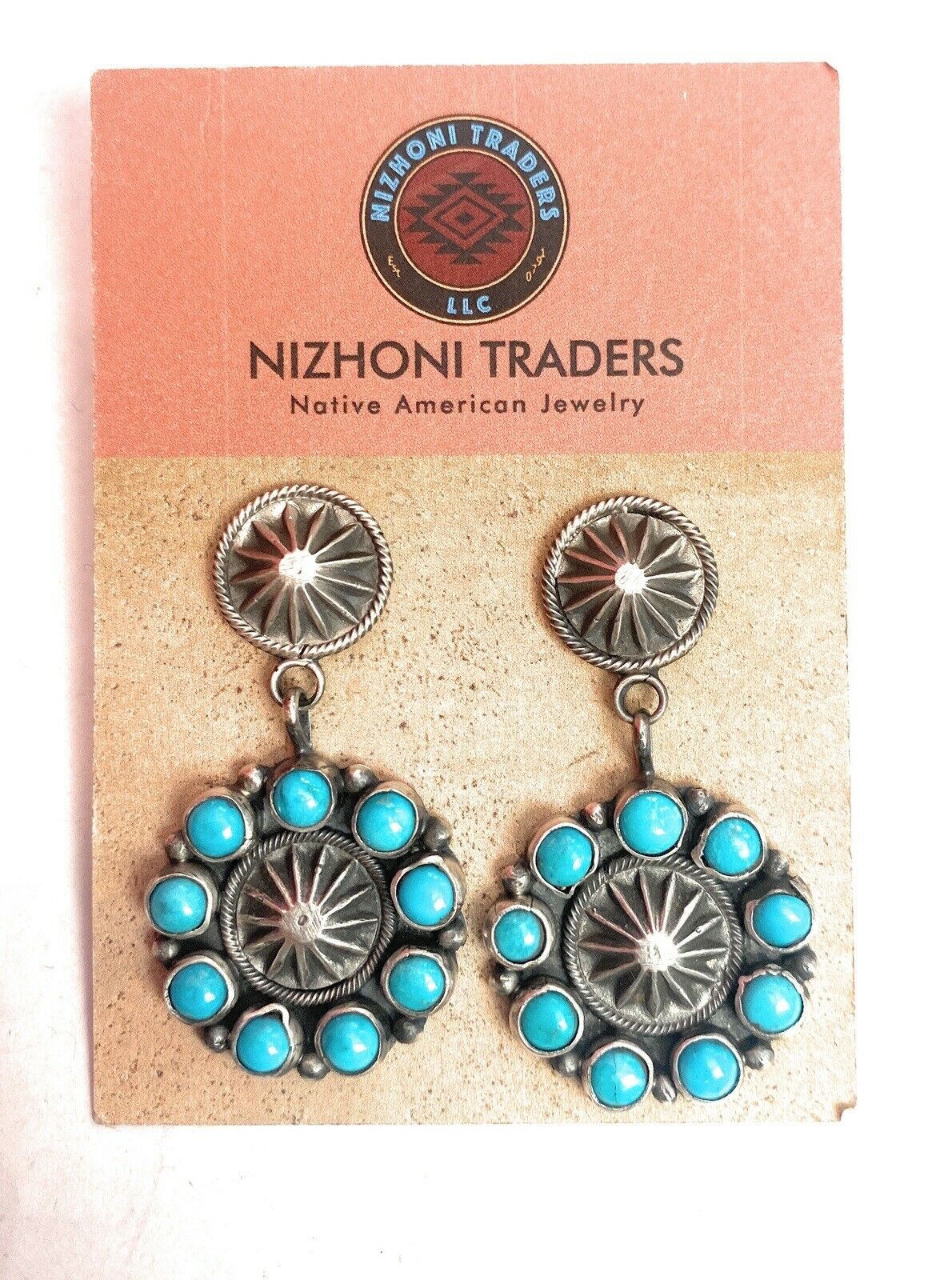 Navajo Turquoise & Sterling Silver Concho Dangle Earrings Signed