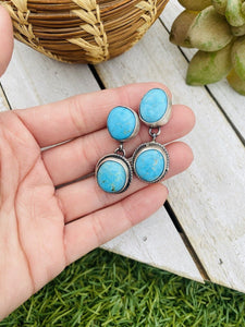 Navajo Sterling Silver & Turquoise Hand Stamped Dangle Earrings