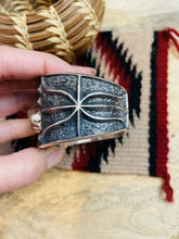 Load image into Gallery viewer, Navajo Tibetan Turquoise &amp; Sterling Silver Tufa Cast Cuff Bracelet Signed