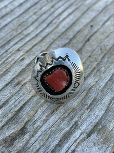 Navajo Sterling Silver Natural Red Coral Shadow Box Ring Sz 8