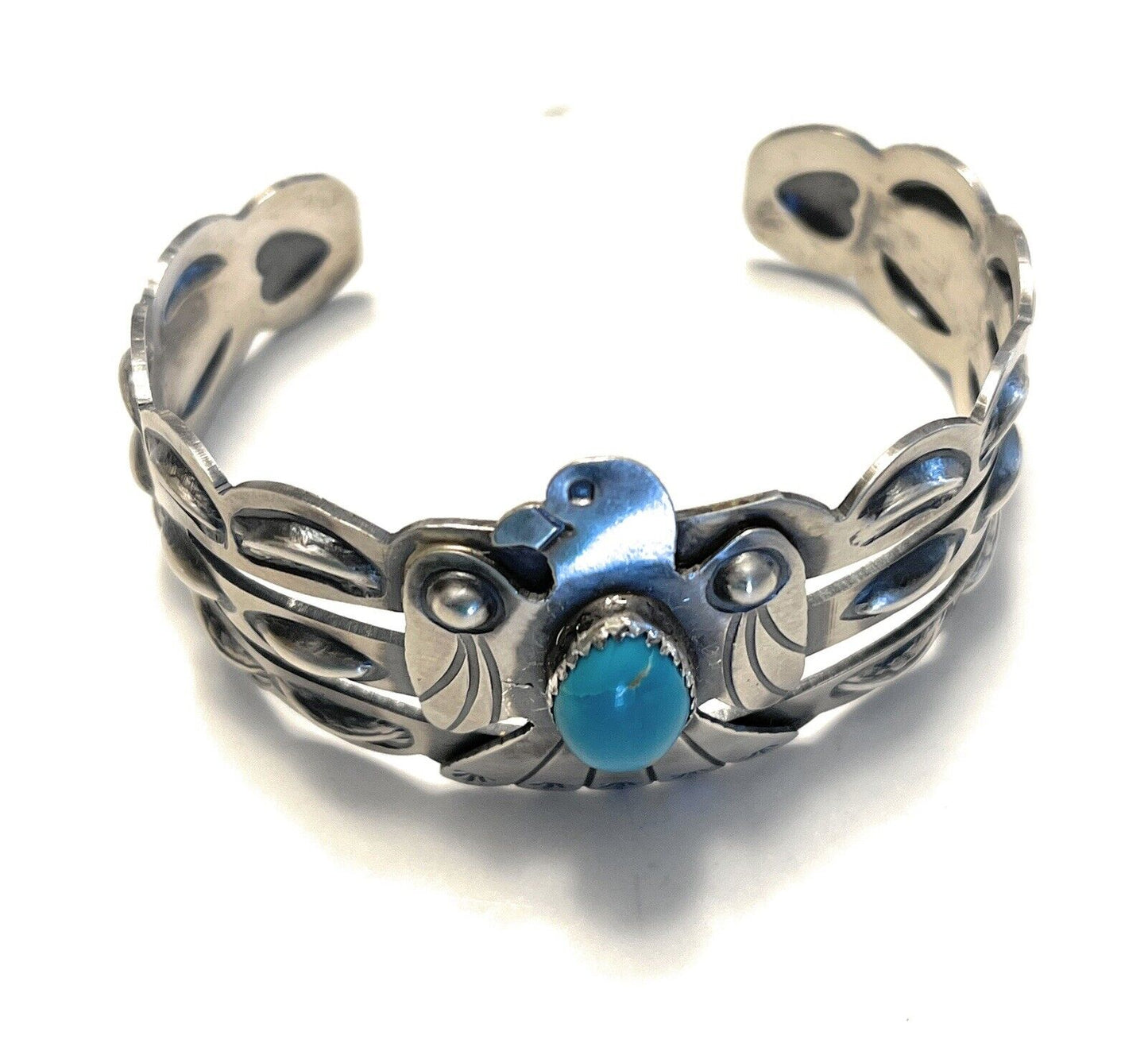 Sterling Silver Navajo Stamped Turquoise Thunderbird Cuff