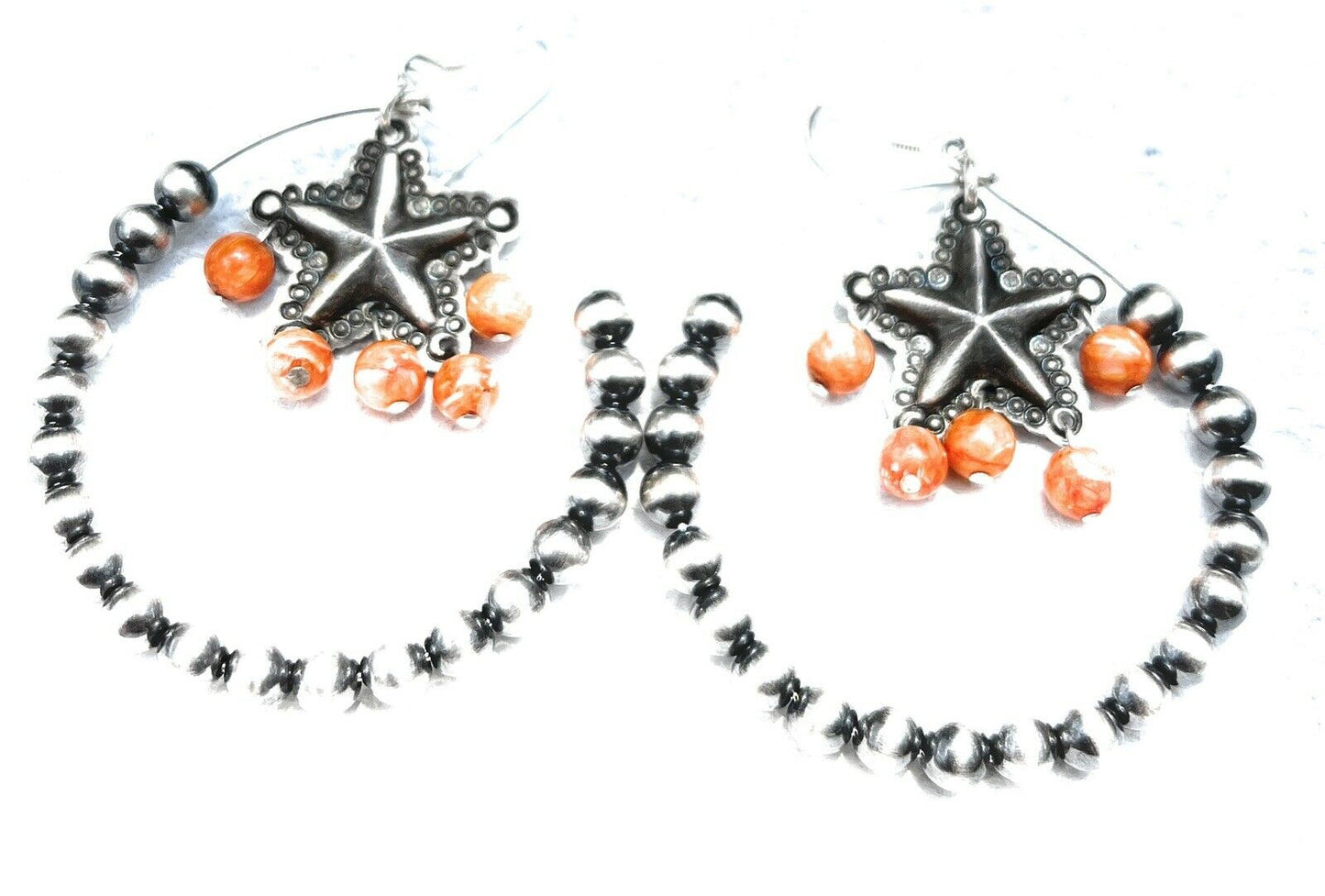 Navajo Sterling Silver Bead Orange Spiny Texas Hoop Earrings