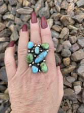 Load image into Gallery viewer, Navajo Sterling Sonoran Gold And Golden Hills Turquoise Cluster Ring Size 6.5
