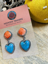 Load image into Gallery viewer, Navajo Sterling Silver, Orange Spiny &amp; Turquoise Heart Dangle Earrings