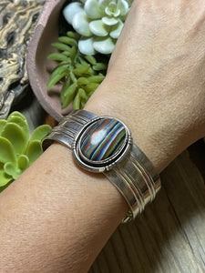Unique Navajo Sterling Silver & Rainbow Stone Signed Cuff Bracelet