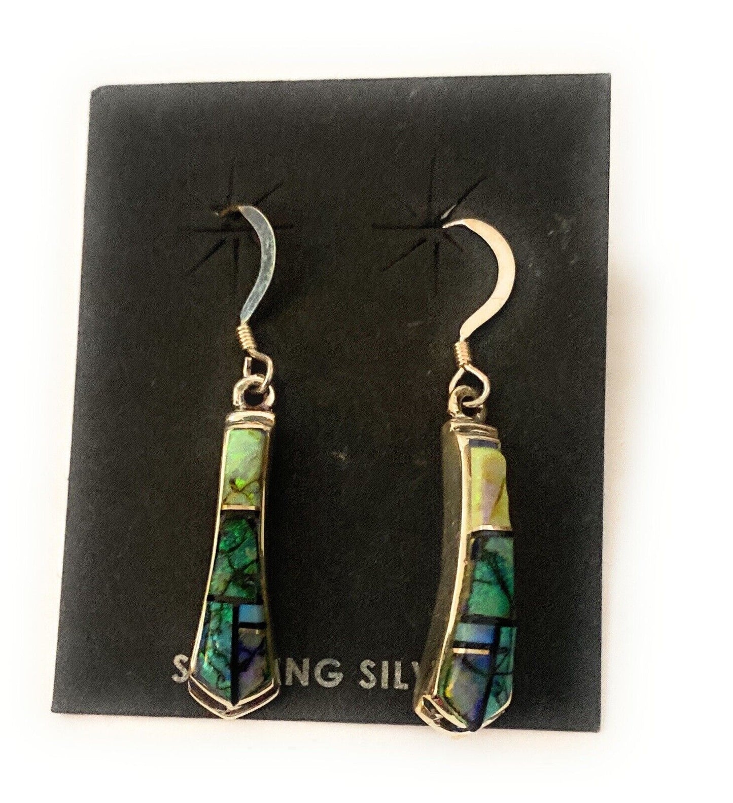 Navajo Natural Opal And Sterling Silver Inlay Dangle Earrings