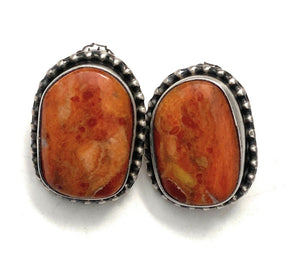 Navajo Orange Spiny & Sterling Silver Stud Earrings Signed