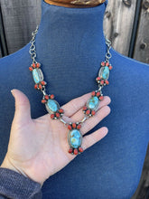 Load image into Gallery viewer, Navajo Sterling Kingman Turquoise Natural Red Coral Necklace Set Taos Collection