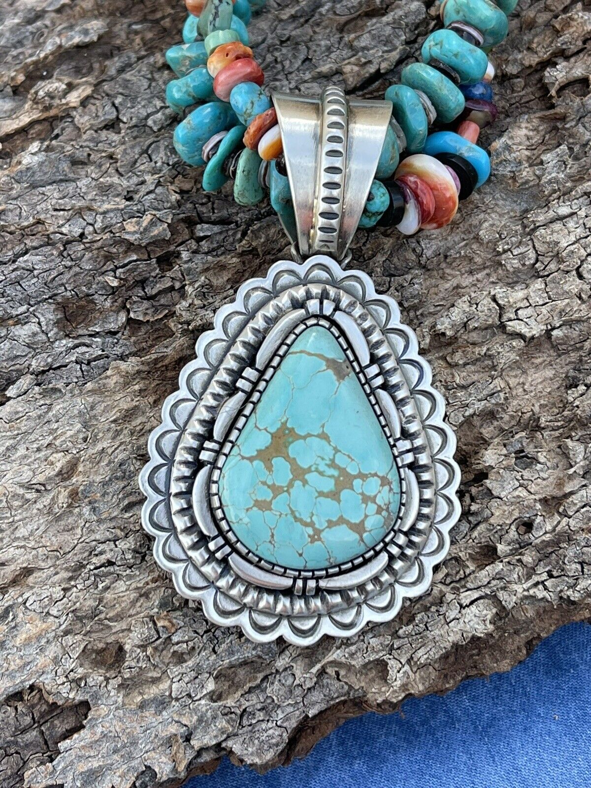 Navajo Number 8  Turquoise & Sterling Silver Jumbo Pendant Signed