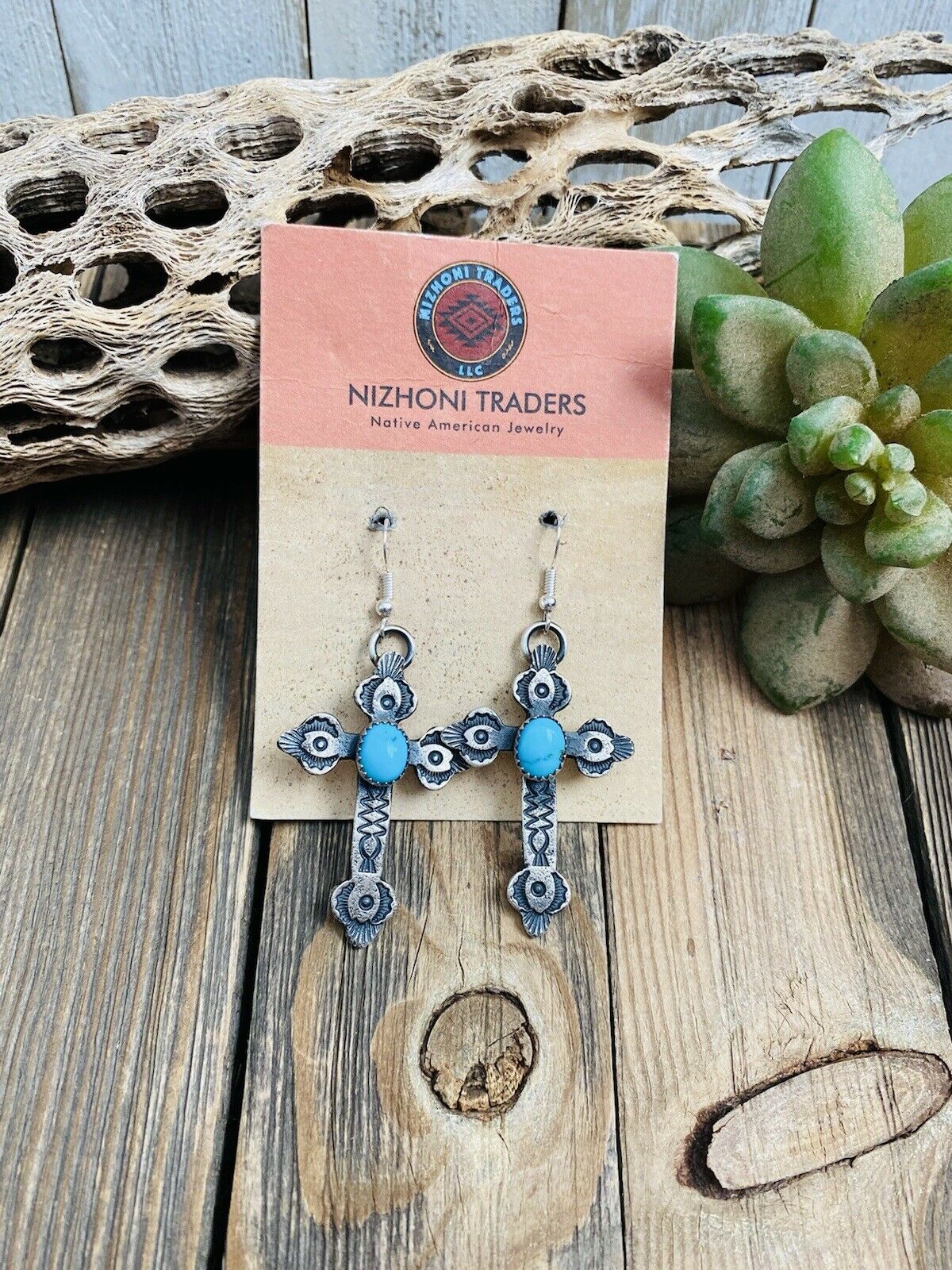 Navajo Turquoise & Sterling Silver Cross Dangle Earrings By Kevin Billah