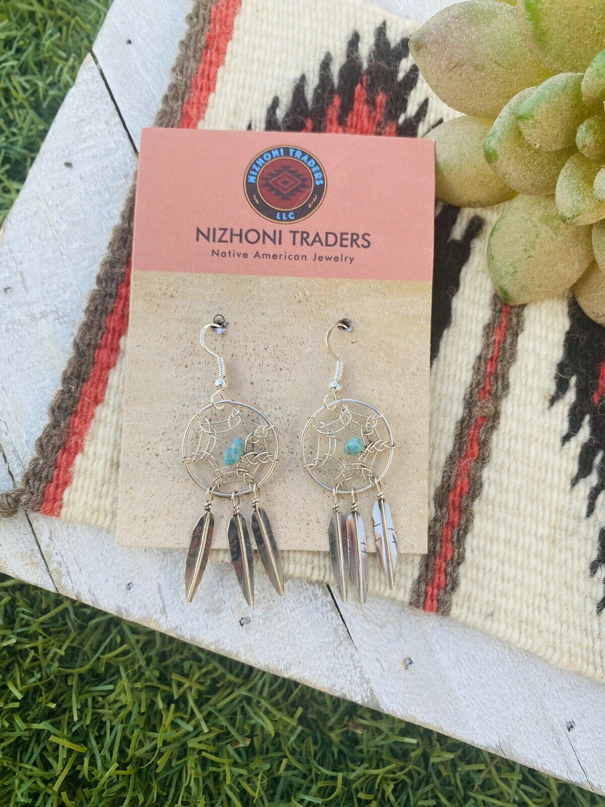 Navajo Sterling Silver & Dream Catcher Feather Dangle Earrings