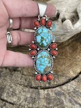 Load image into Gallery viewer, Navajo Sterling Kingman Web Turquoise &amp; Red Coral Taos Pendant Bea Tom