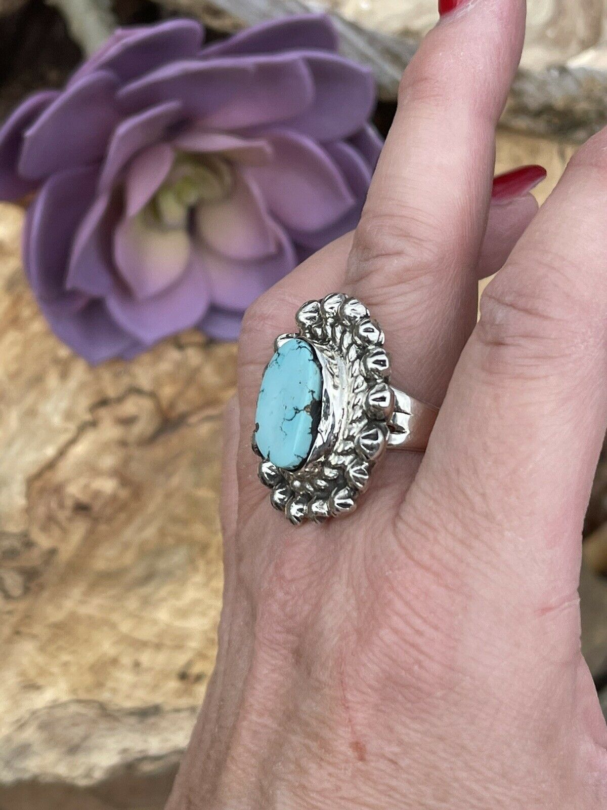 Navajo Sterling Carico Lake Turquoise Stone Sunburst Ring Size 8