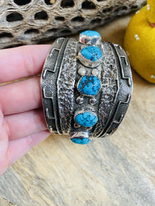 Navajo Kingman Turquoise & Hand Stamped Sterling Silver Cuff Bracelet