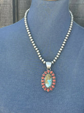 Load image into Gallery viewer, Navajo Sterling Silver Kingman Web Turquoise &amp; Red Coral Taos Cluster Pendant