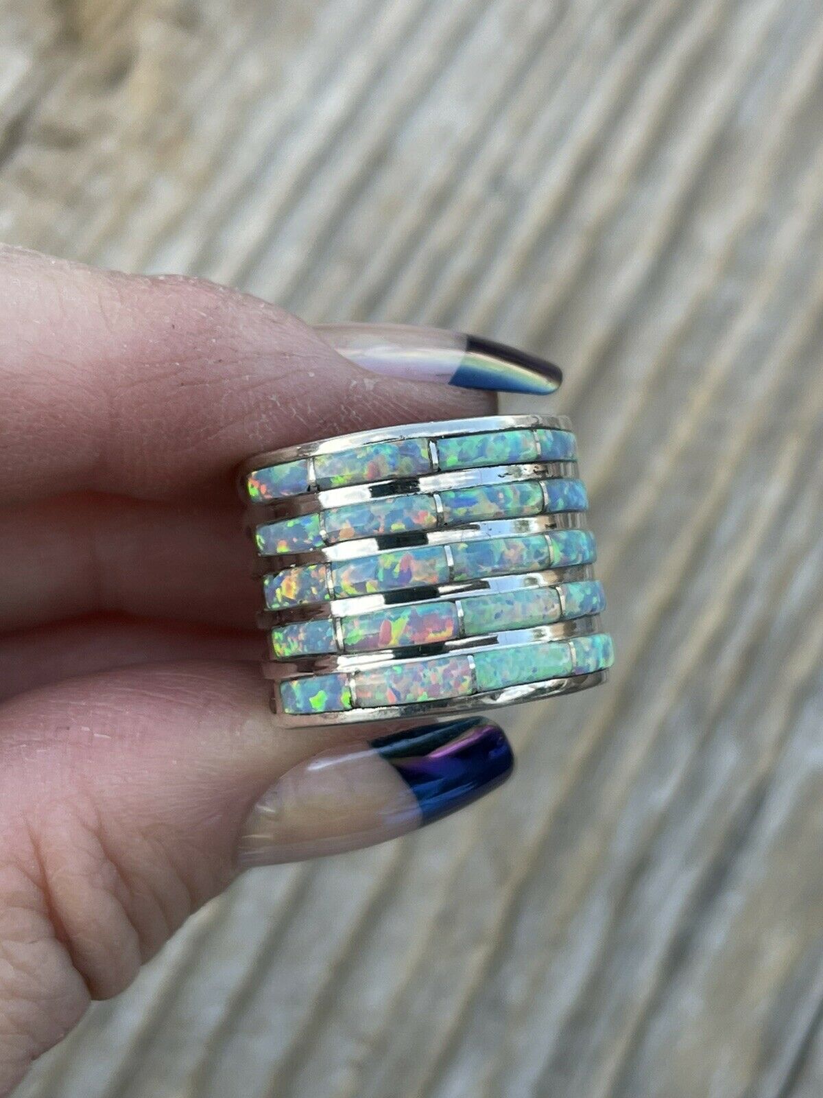 Navajo Sterling Silver Iridescent Opal Stacked Ring